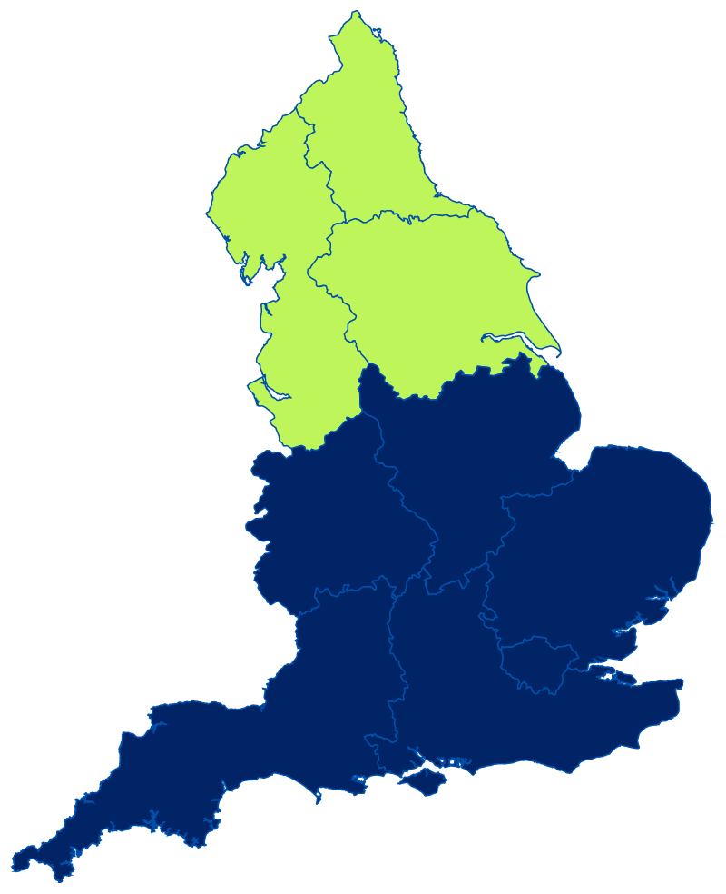 map of England with north highlighted